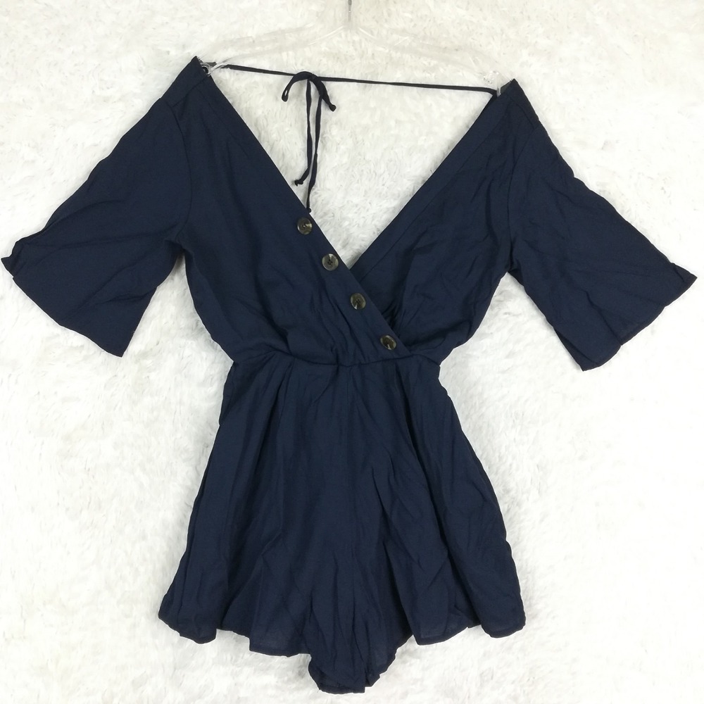 Charlotte Russe Womens Romper Short Sleeve Navy Blue Plunging Shorts XS New